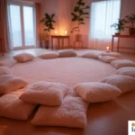 A cozy meditation space with candles, cushions, and dim lighting." • Title: "Create Your Meditation Space