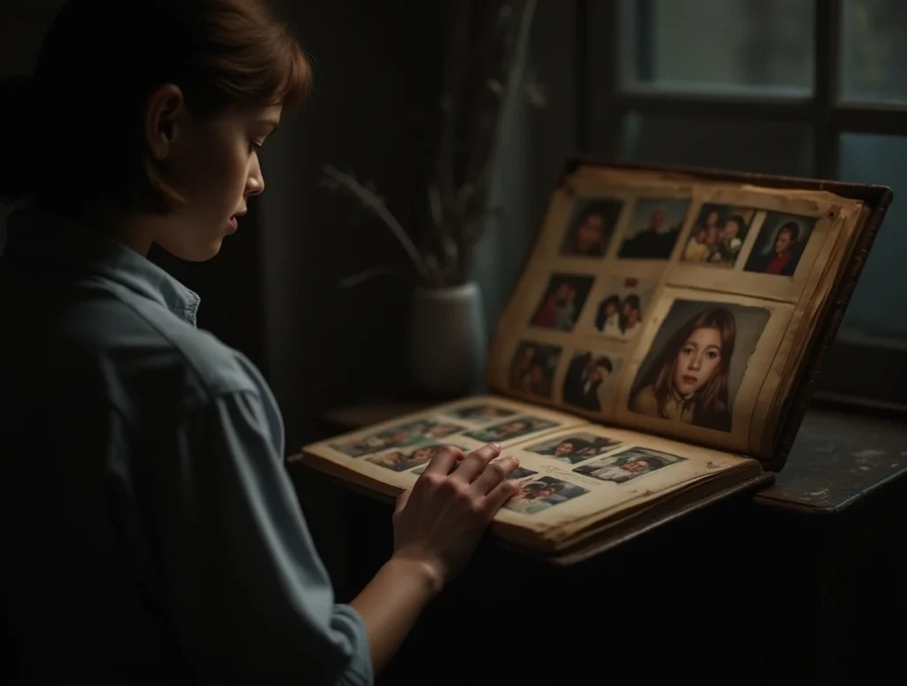A person looking at an old photo album, remembering childhood memorie