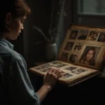 A person looking at an old photo album, remembering childhood memorie