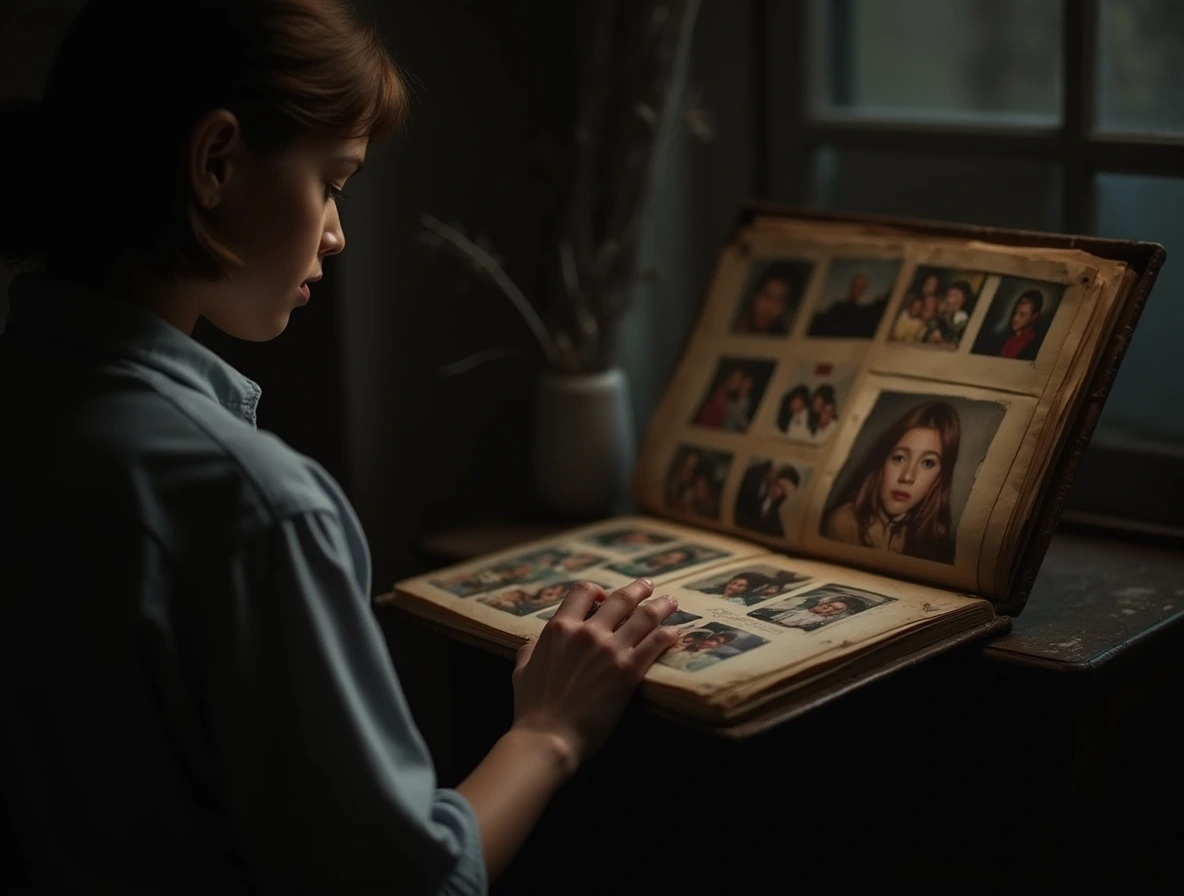 A person looking at an old photo album, remembering childhood memorie