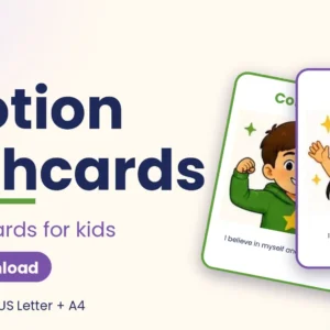 Fan of illustrated emotion flashcards for kids with the title "40 Emotion Flashcards", the badge "Instant download" and the note FR + EN versions, US Letter + A4.