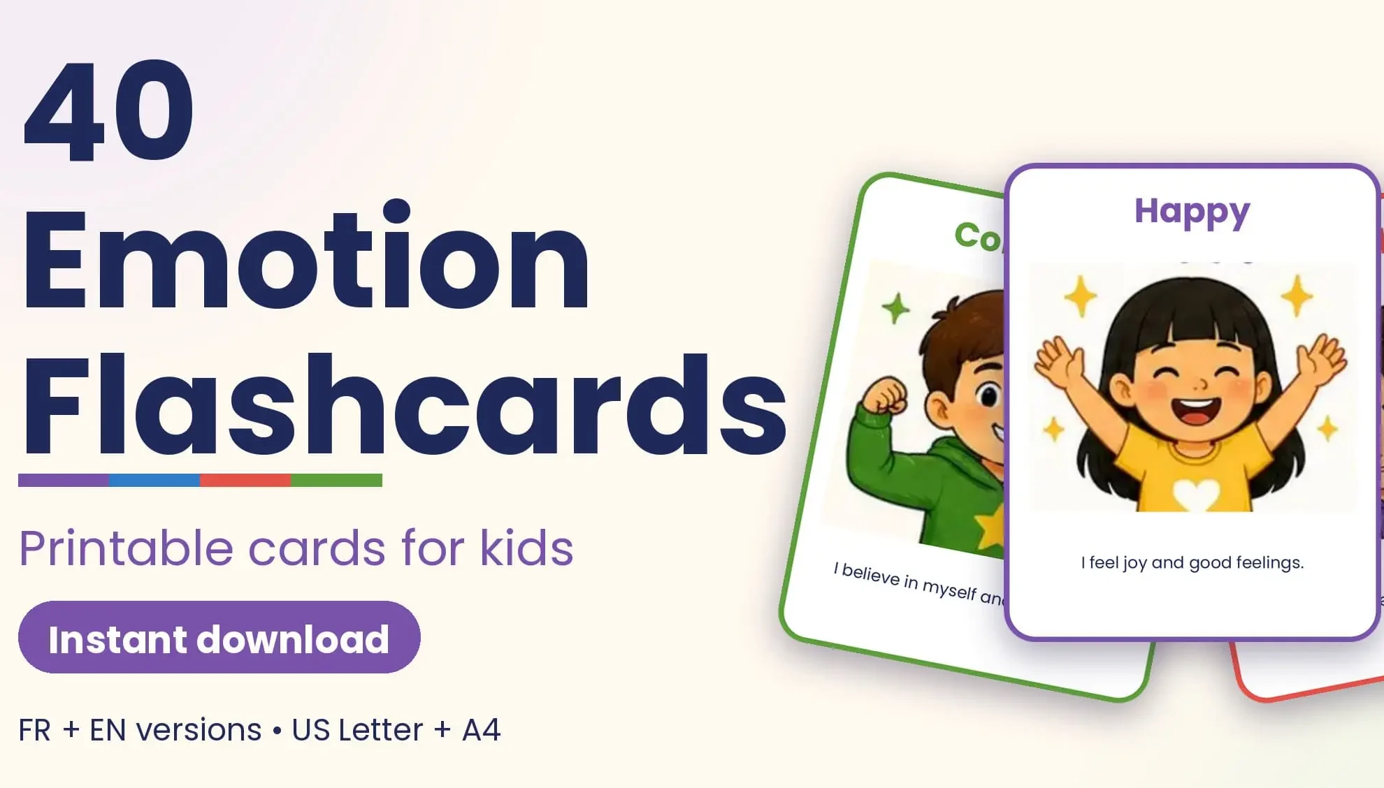 Fan of illustrated emotion flashcards for kids with the title "40 Emotion Flashcards", the badge "Instant download" and the note FR + EN versions, US Letter + A4.