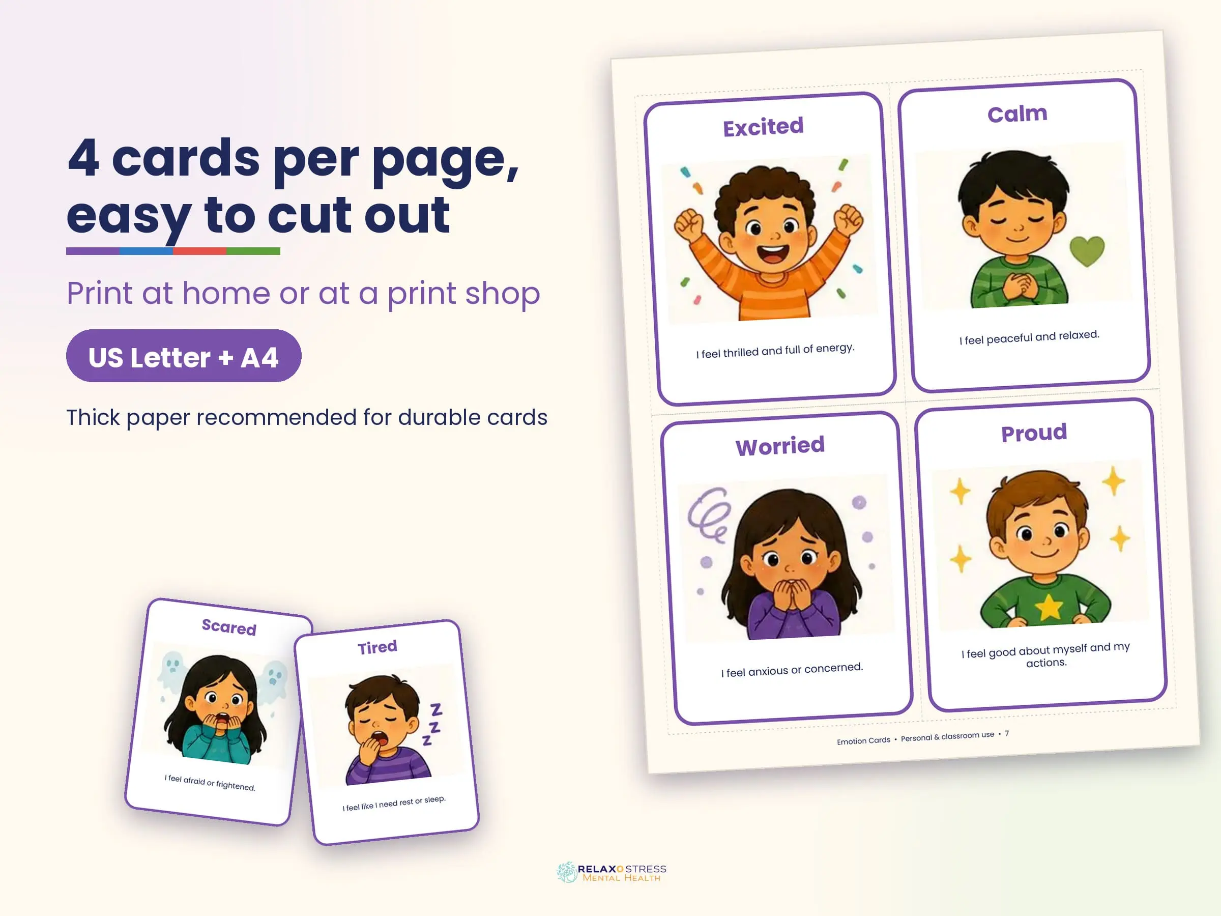 Printable PDF page with 4 emotion cards per page and two loose cards, with the notes "US Letter + A4" and "Thick paper recommended"