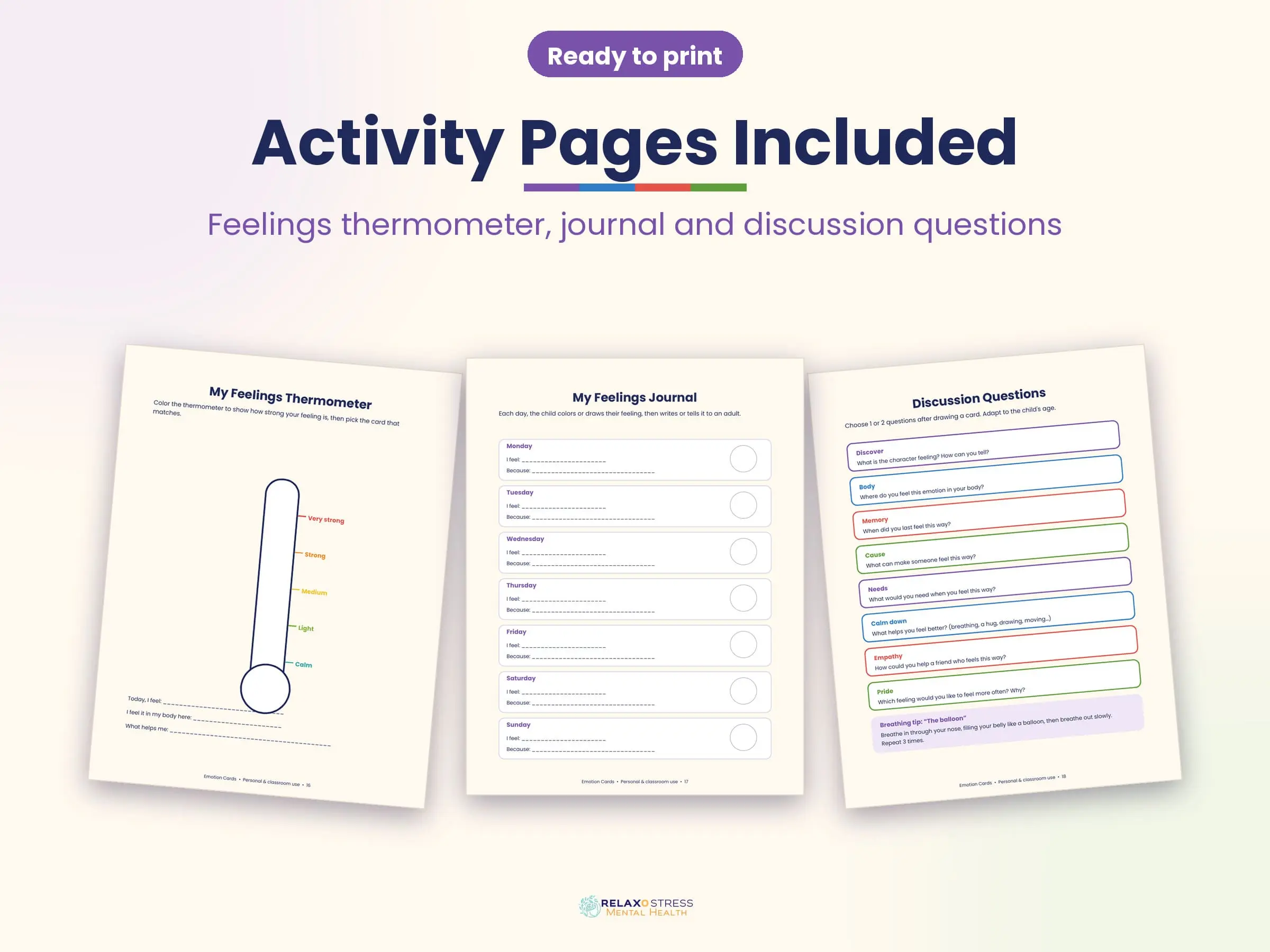 Three printable activity pages: a feelings thermometer to color, a weekly feelings journal and discussion questions, under the title "Activity Pages Included".