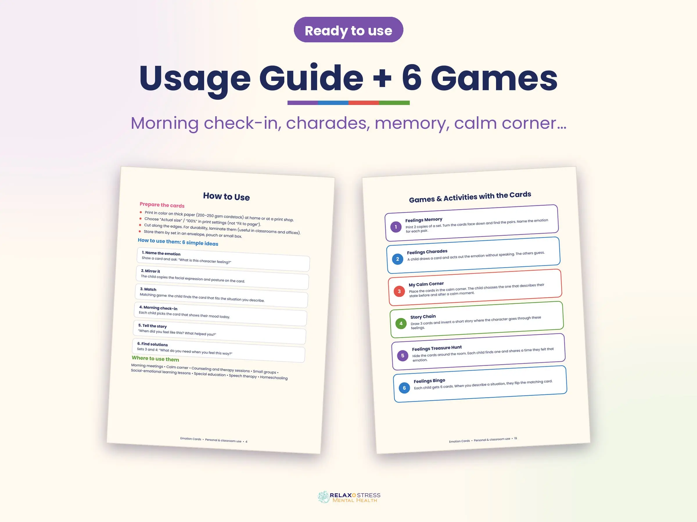 Two workbook pages: the usage guide and the page of 6 games to play with the emotion cards, under the title "Usage Guide + 6 Games".