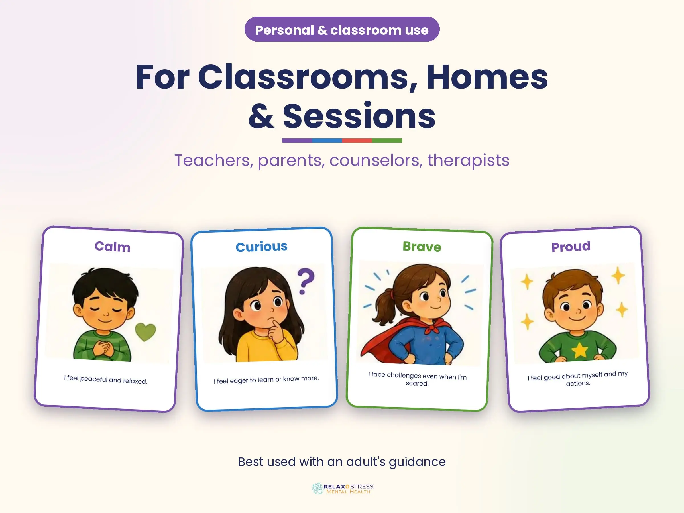 Four large illustrated emotion cards (Calm, Curious, Brave, Proud) under the title "For Classrooms, Homes & Sessions" with the badge "Personal & classroom use".