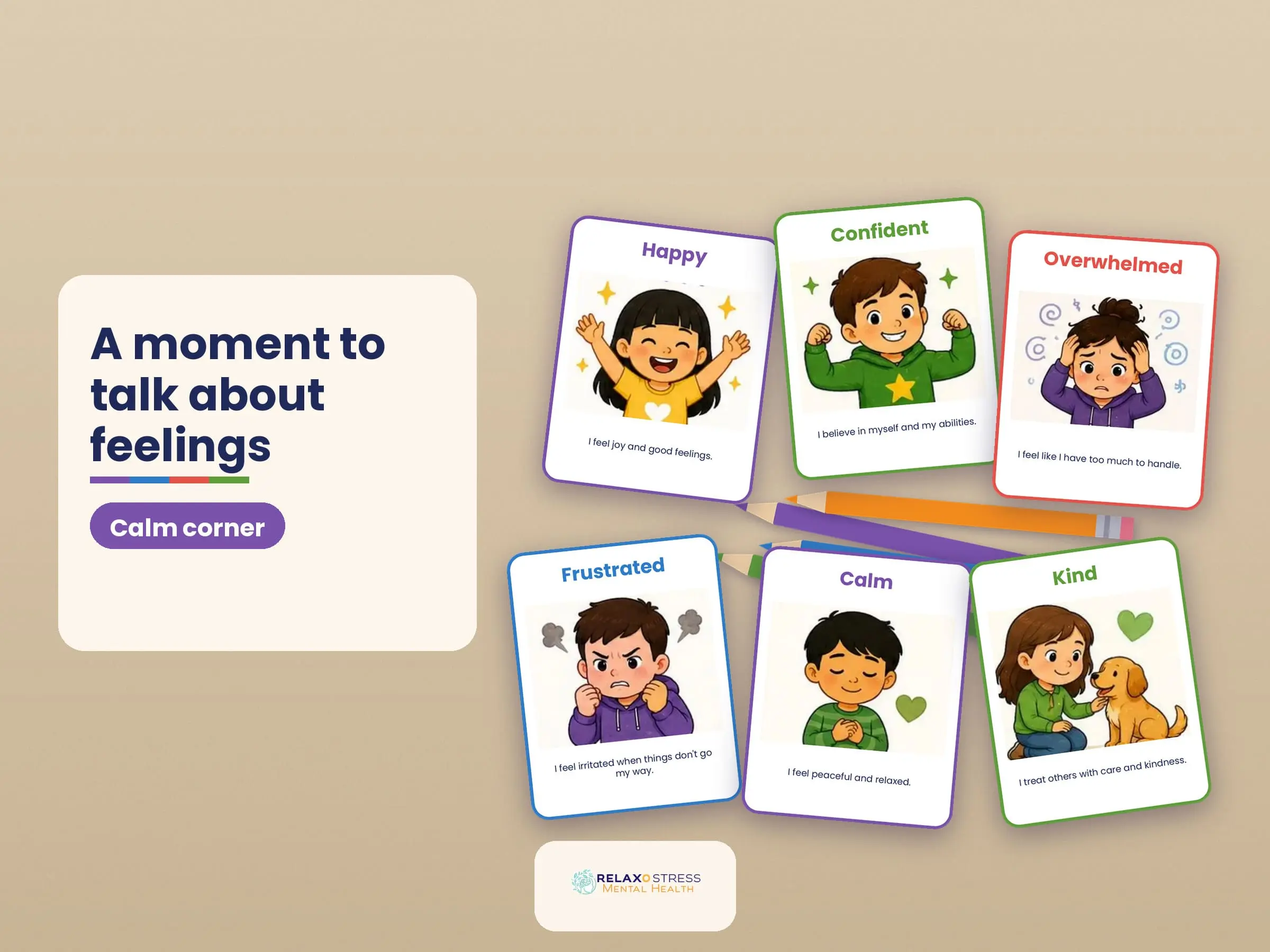 Illustrated emotion cards on a light wooden table with colored pencils, next to the text "A moment to talk about feelings" and the badge "Calm corner".